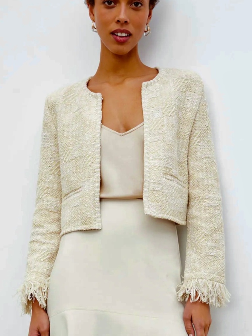 M.M.LaFleur Lilia Jacket Japanese Tweed w Fringe Trim in Ivory White Sz Small